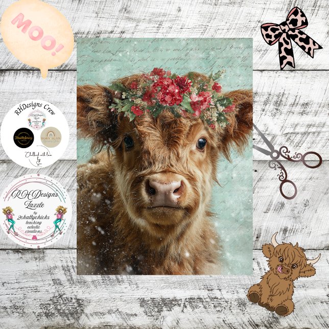 Papel De Seda Decoupage Highland Calf Christmas Scene Snowing  (Criador carregado)