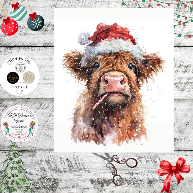 Papel De Seda Decoupage Highland Calf Santa Hat Candy Cane Snow  (Criador carregado)