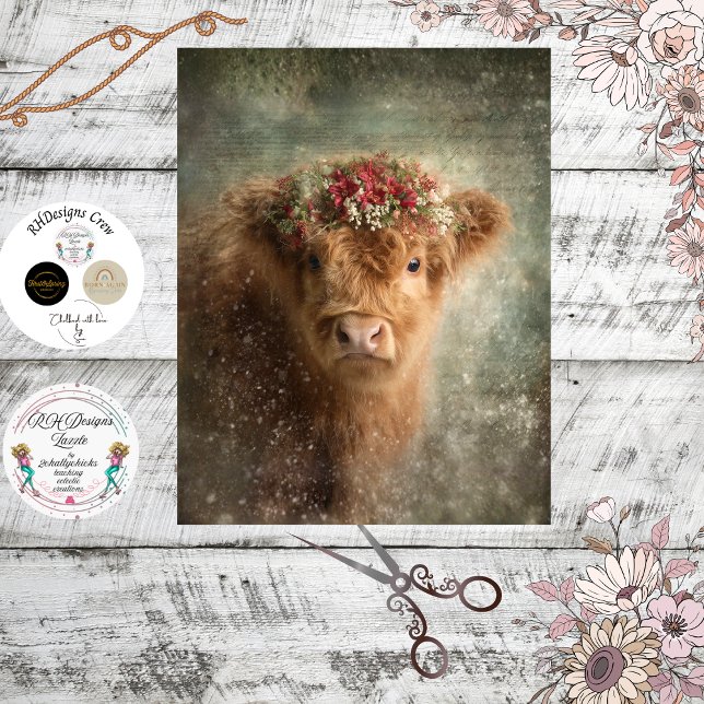 Papel De Seda Decoupage Highland Calf Winter Floral Art (Criador carregado)