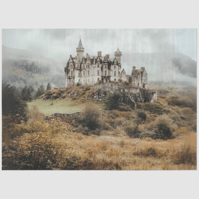 Papel De Seda Decoupage Highland Castle Ireland Misty Landscape (Frente )