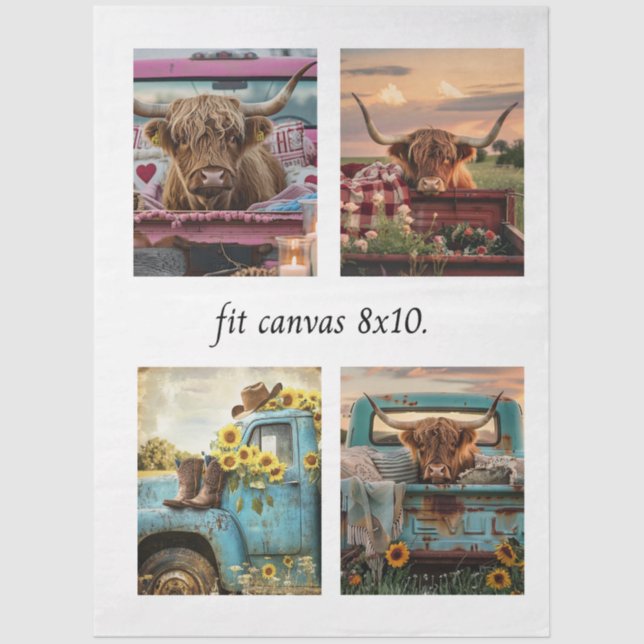 Papel De Seda Decoupage Highland Cow Truck 8 x 10 Canvas (Frente )