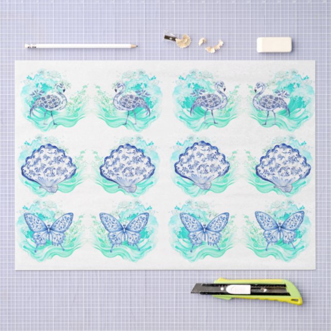 Papel De Seda Decoupage Individual Azul e Branco Inspirado em An (Arte )