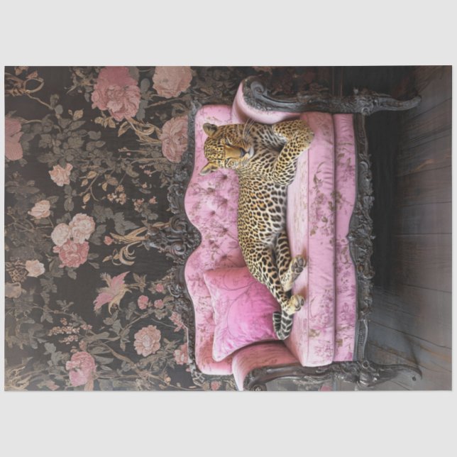 Papel De Seda Decoupage Leopardo em Sofá Francês de Veludo Rosa (Frente )