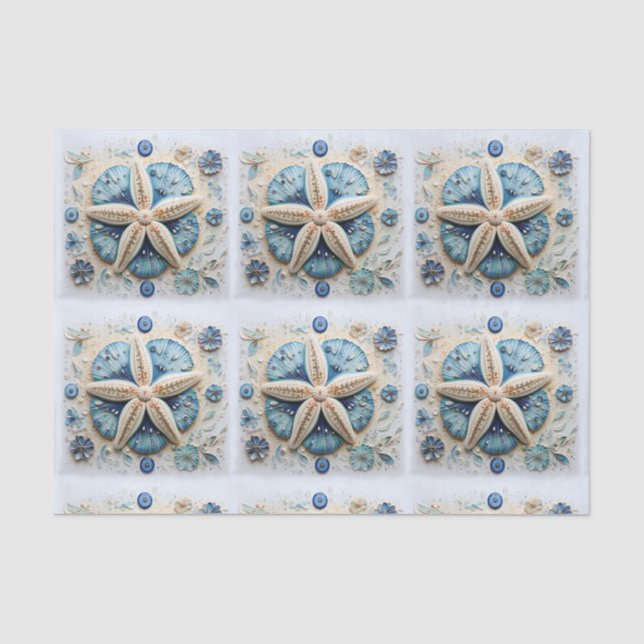 Papel De Seda Decoupage Náutico de Estrela-do-Mar Azul e Branco (Frente )