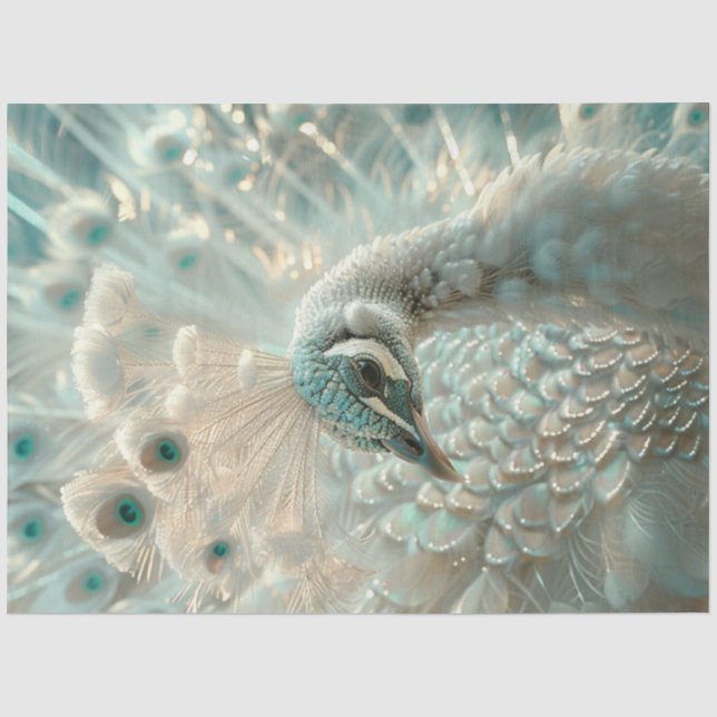 Papel De Seda Decoupage Pavão Branco Elegância Geada  (Frente )