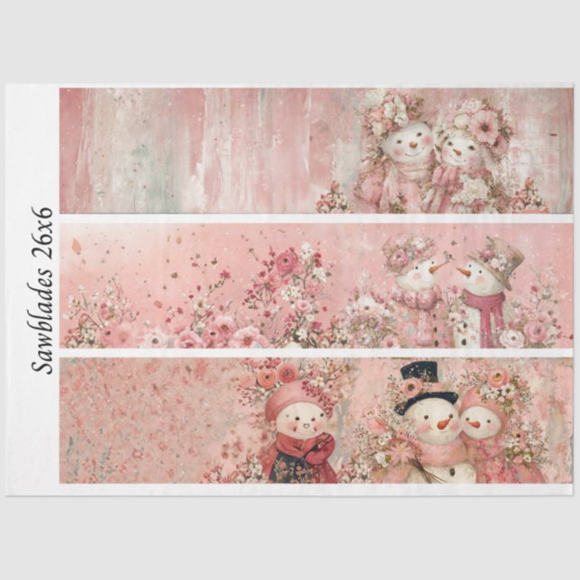 Papel De Seda Decoupage Pink Floral Snowman Handsaw Panels  (Frente )