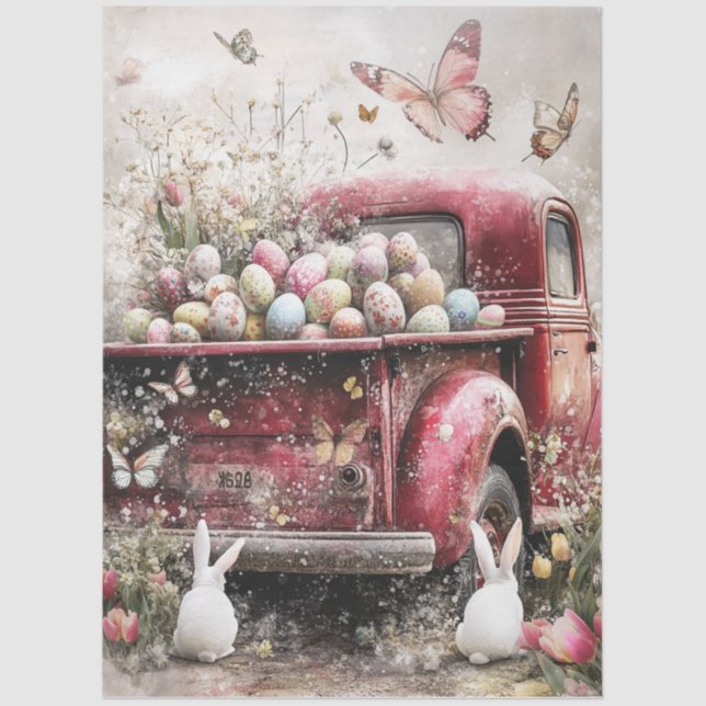 Papel De Seda Decoupage Red Truck Bunnies Eggs Spring Easter  (Frente )