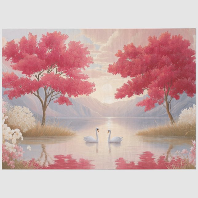 Papel De Seda Decoupage Romântico do Lago dos Cisnes com Árvores (Frente )