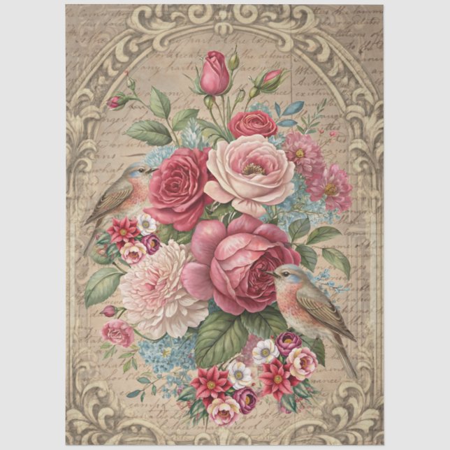Papel De Seda Decoupage Romântico Inspirado em Flores e Pássaros (Frente )