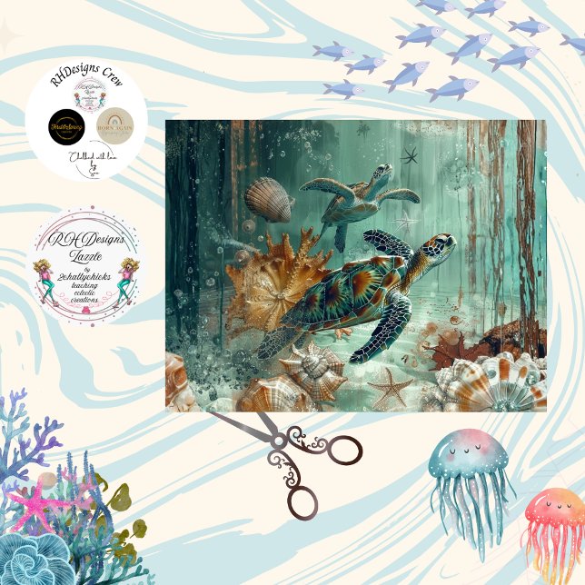 Papel De Seda Decoupage Sea Turtle Coastal Nature Teals Greens  (Criador carregado)