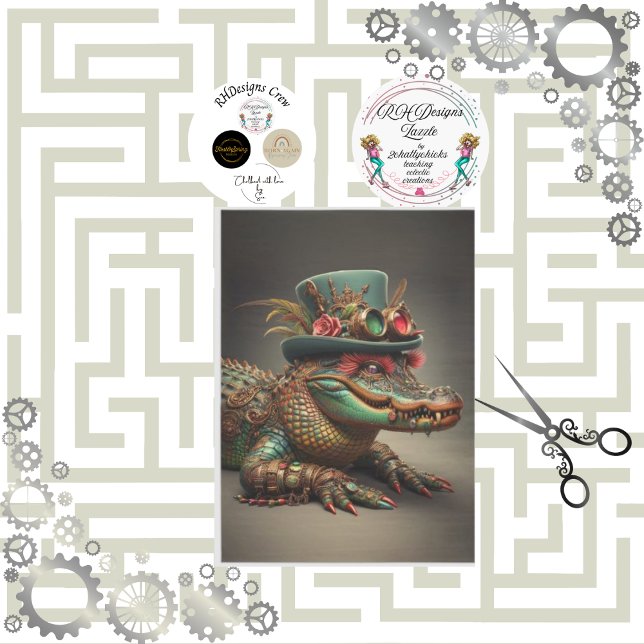 Papel De Seda Decoupage Steampunk Alligator Top Hat com pena (Criador carregado)