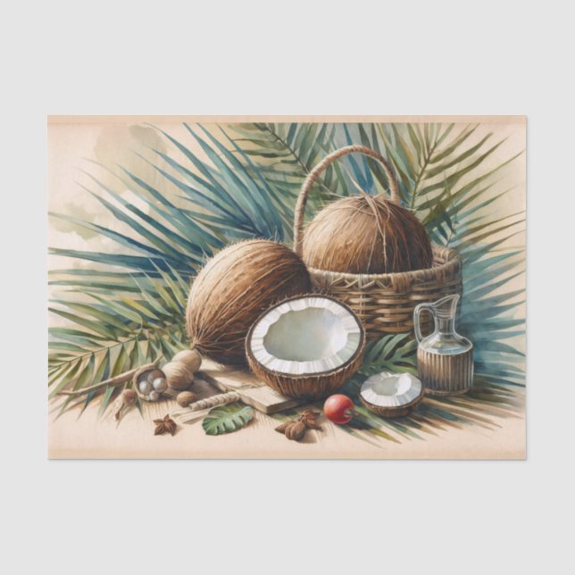 Papel De Seda Decoupage Tropical de Coco em Aquarela (Frente )
