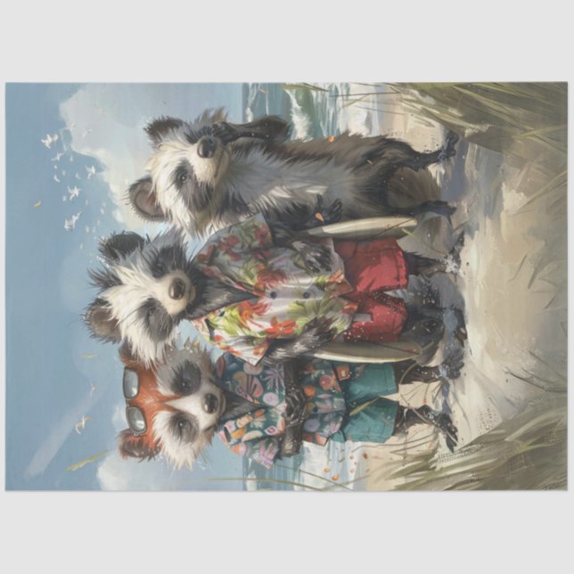 Papel De Seda Decoupage Tropical Racoons Surf Squad  (Frente )