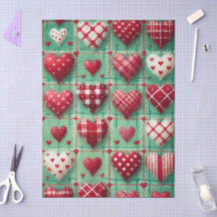 Papel De Seda Decoupage Verde Vermelha de Corações Inclinados de