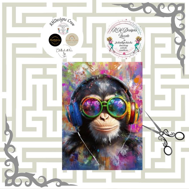 Papel De Seda Decoupage Vibrant Monkey Abstract Art Headphones  (Criador carregado)