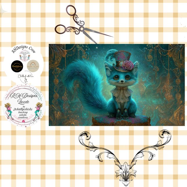 Papel De Seda Decoupage Victorian Blue Teal Fantasy Fox  (Criador carregado)