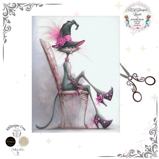Papel De Seda Decoupage Whimsical Cat Witch High Heels Catwalk  (Criador carregado)