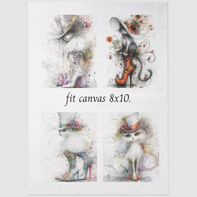 Papel De Seda Decoupage Whimsical Cats Fits 8 x 10 Canvas  (Frente )