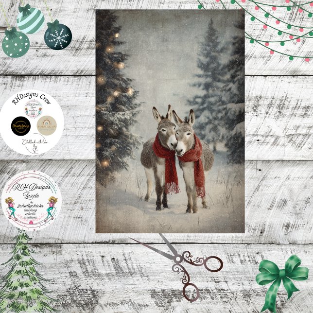 Papel De Seda Decoupage Whimsical Christmas Donkeys Red Scarves (Criador carregado)