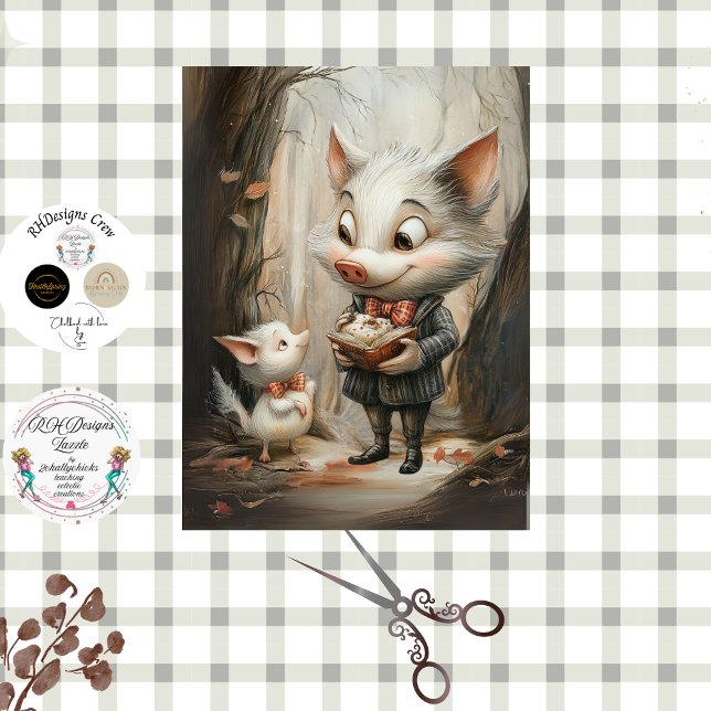 Papel De Seda Decoupage Whimsical Pig Duo in Forest (Criador carregado)