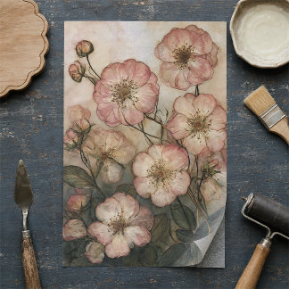 Papel De Seda Decoupagem Botânica Rosa Selvagem Rosa Vintage