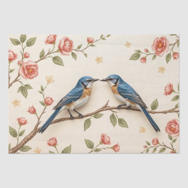 Papel De Seda Decoupagem com Desenho Floral Rosa e Pássaro Azul (Frente )