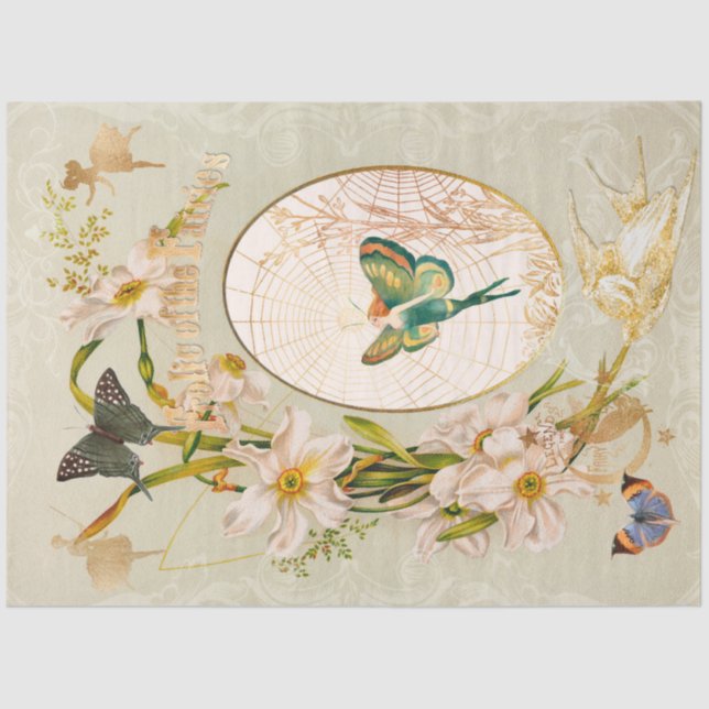 Papel De Seda Decoupagem de Borboleta Flor de Jardim Látea Encan (Frente )