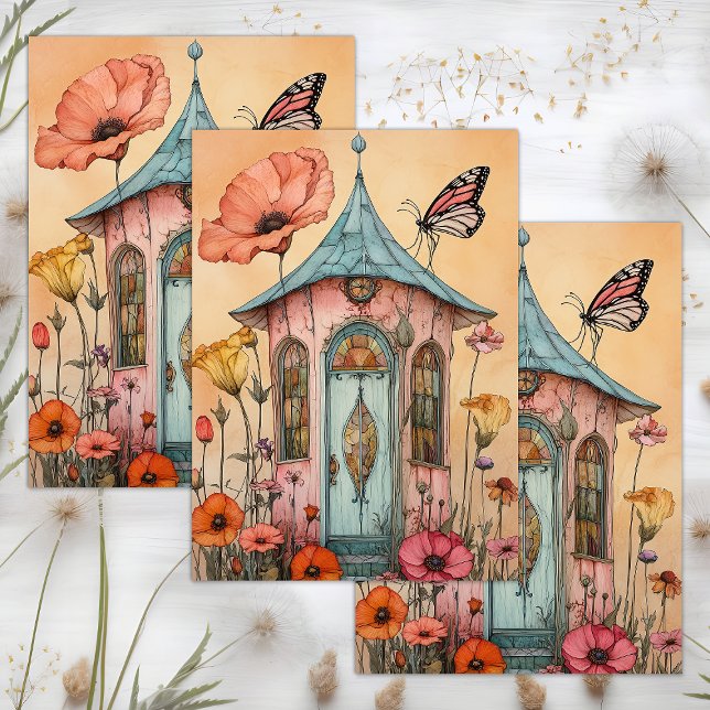 PAPEL DE SEDA DECOUPAGEM DE CASA DE JARDIM PARA BRINQUEDOS (WHIMSICAL GARDEN FAIRY HOUSE DECOUPAGE TISSUE PAPER)