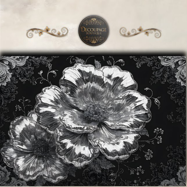 Papel De Seda Decoupagem Floral Preto Branco Damasco (Black White Floral Damask Decoupage Tissue Paper)