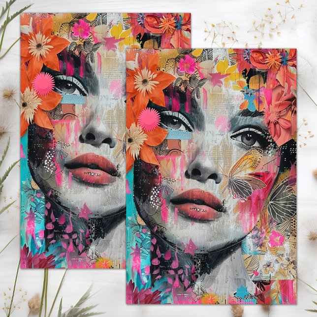 PAPEL DE SEDA DECUPAGEM MENINA DAS FLORES BOHO (BOHO FLOWER GIRL DECOUPAGE TISSUE PAPER)