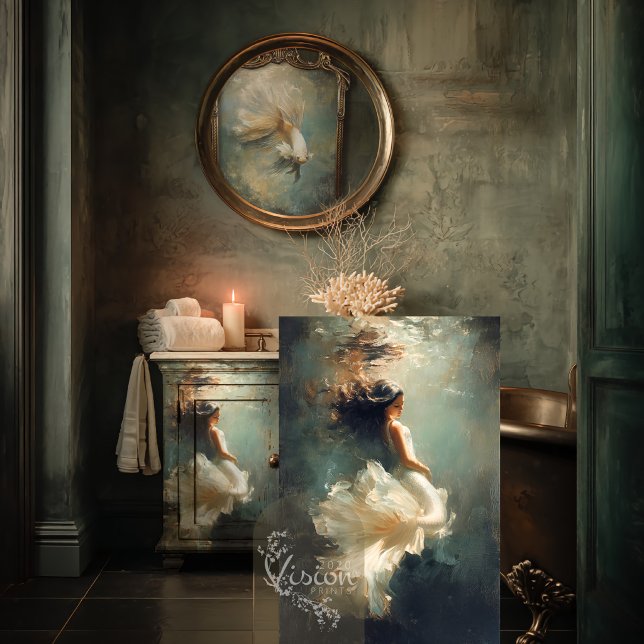 Papel De Seda Deep Grace Ethereal Woman Teal Cream Gown (Large art print leaning against distressed vanity moody bathroom copper clawfoot bath)