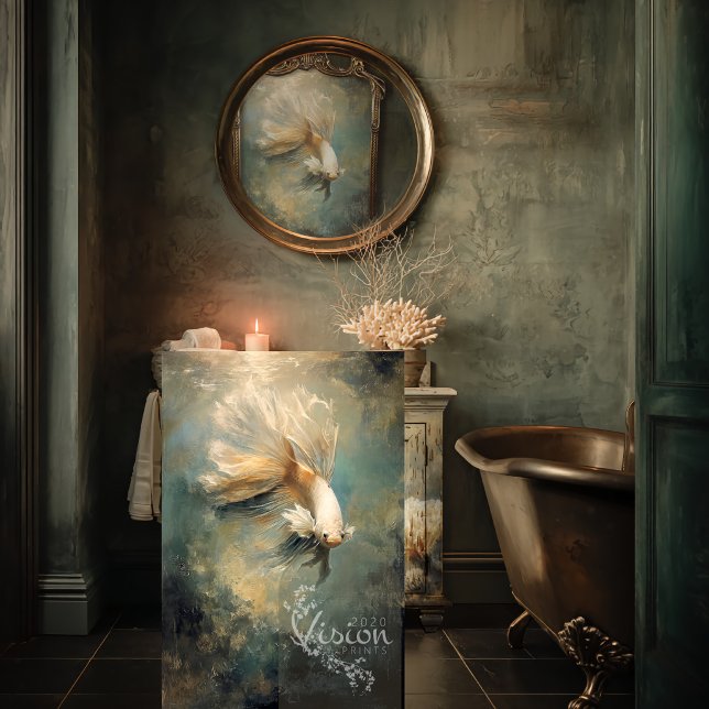 Papel De Seda Deep Grace Golden Betta Fish Teal Oil Art (Large art print leaning against distressed vanity moody bathroom copper clawfoot bath)