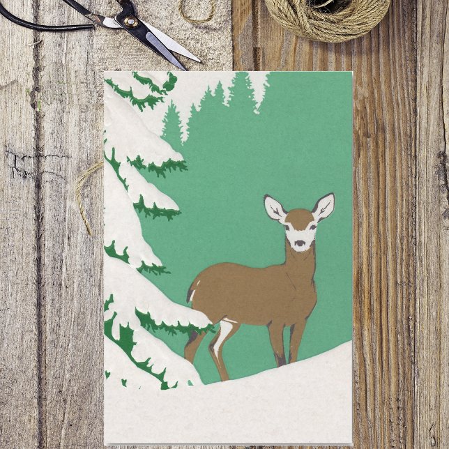 Papel De Seda Deer Snow Winter Scense Pine Tree (White faces brown female deer in the snow by pine tree on mint green wrapping tissue paper.)