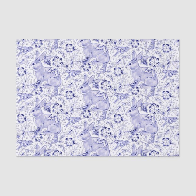 Papel De Seda Delft Blue Bunny Rabbit Birds Elegante Chinoiserie (Frente )