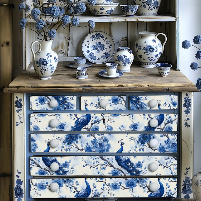 Papel De Seda Delft Blue Vintage Chinoiserie Peacock (Criador carregado)