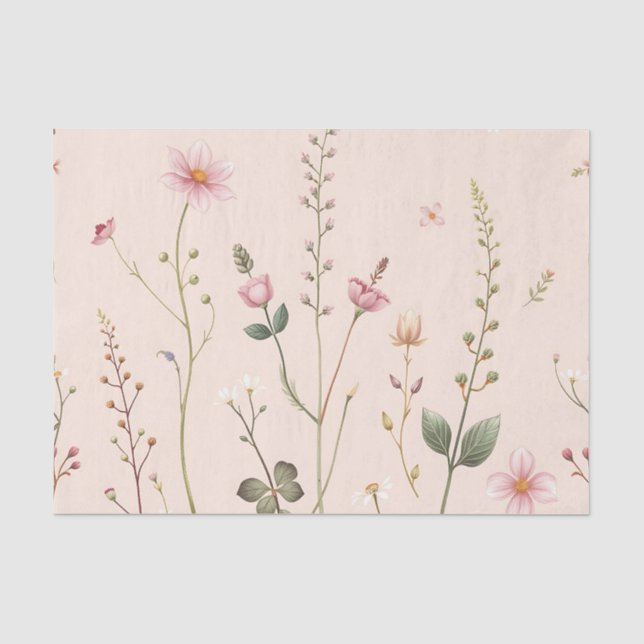 Papel De Seda Delicado Campo de Flores Botânico Rosa Bege  (Frente )