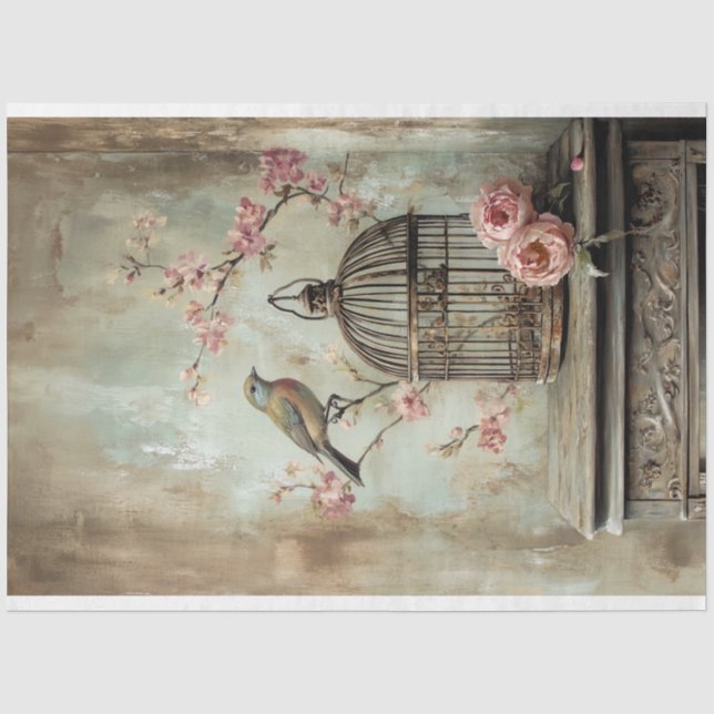 Papel De Seda Delicioso, Antigo Cage de Pássaro & Floral (Frente )