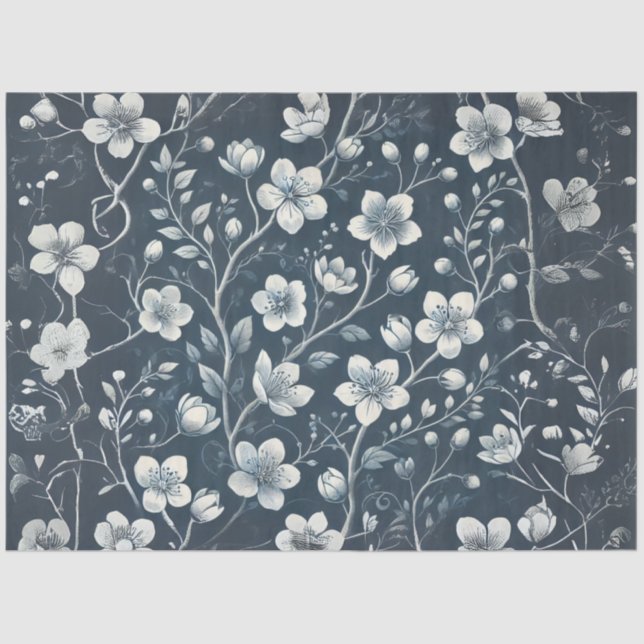 Papel De Seda Denim Com Descamação De Flores Brancas (Frente )