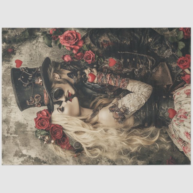 Papel De Seda Desanexar Namorados Steampunk Casal Vermelho Negro (Frente )