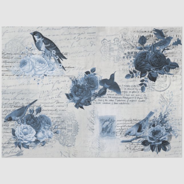 Papel De Seda Descamação de Flores Azuis de Aves Botânicas Vinta (Frente )