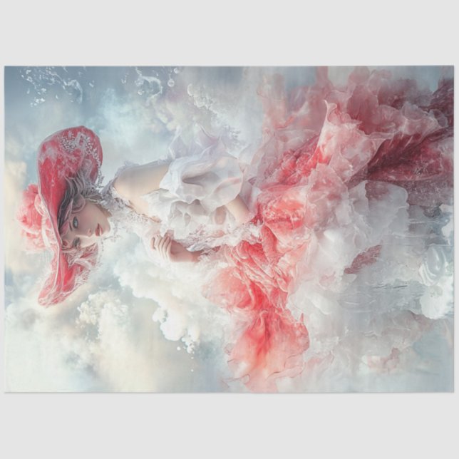 Papel De Seda Descamação Linda Mulher Vermelha Vestido de Nuvem  (Frente )
