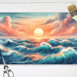 Papel De Seda Descapa de Aquarela Sunset Beach Waves