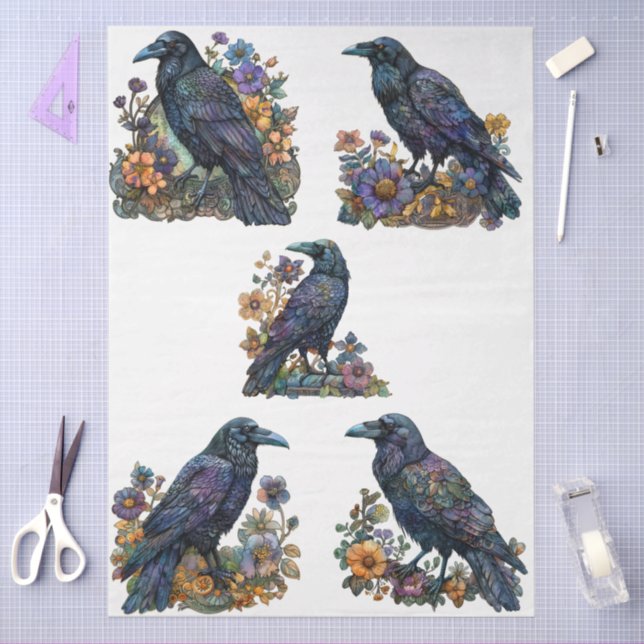 Papel De Seda Descaptação de Grandes Ravens Pretos Florais Gótic (Arte )