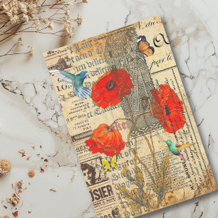 Papel De Seda  Descaptação Vintage Ephemera Poppy Hummingbird