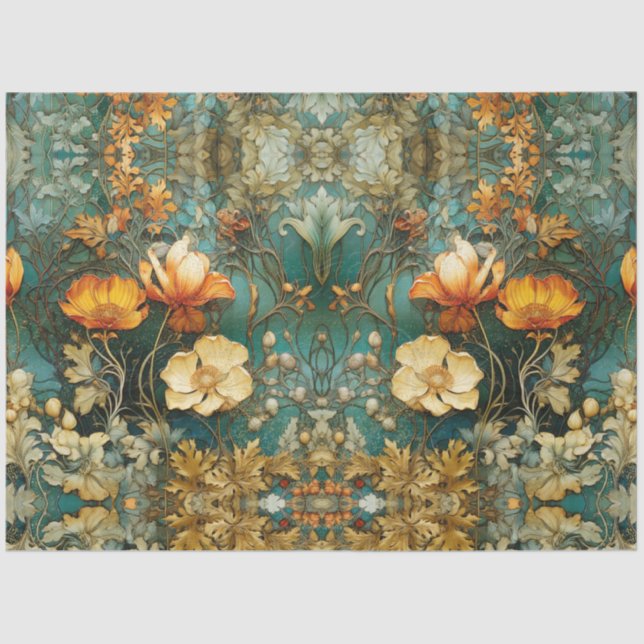Papel De Seda Descarte Arte Nouveau Teal Floral Descamação Ephem (Frente )