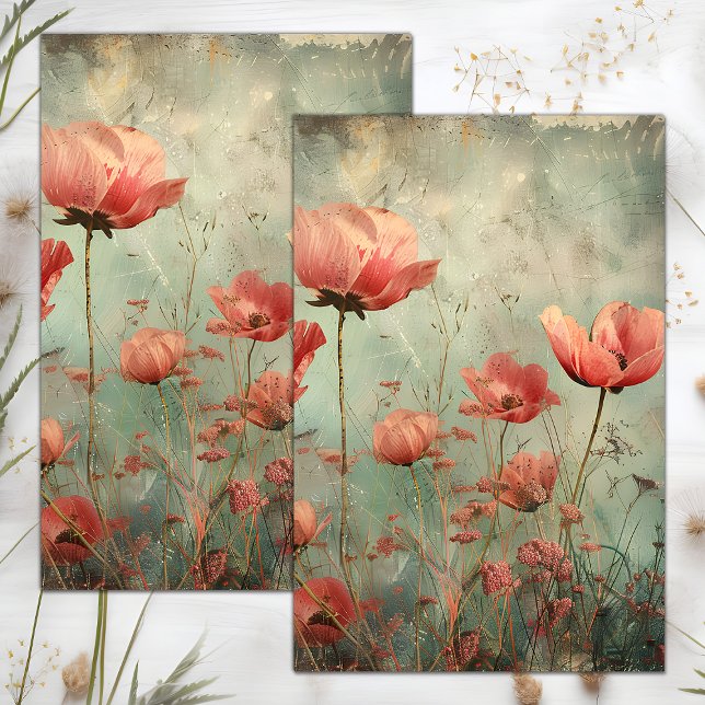 PAPEL DE SEDA DESCOUPAGEM FLORAL COM EFEITO DE SUJIDADE GRUNGE (GRUNGE DISTRESSED FLORAL DECOUPAGE TISSUE PAPER)