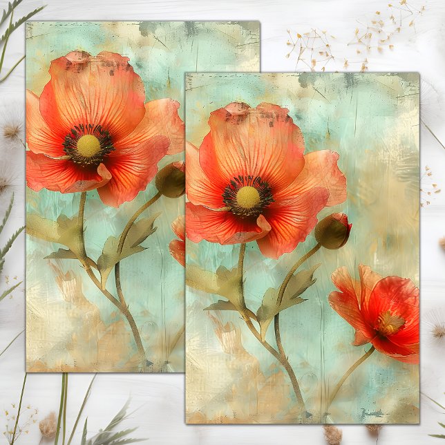 PAPEL DE SEDA DESCOUPAGEM FLORAL COM EFEITO DESUADO GRUNGE (GRUNGE DISTRESSED FLORAL DECOUPAGE TISSUE PAPER)
