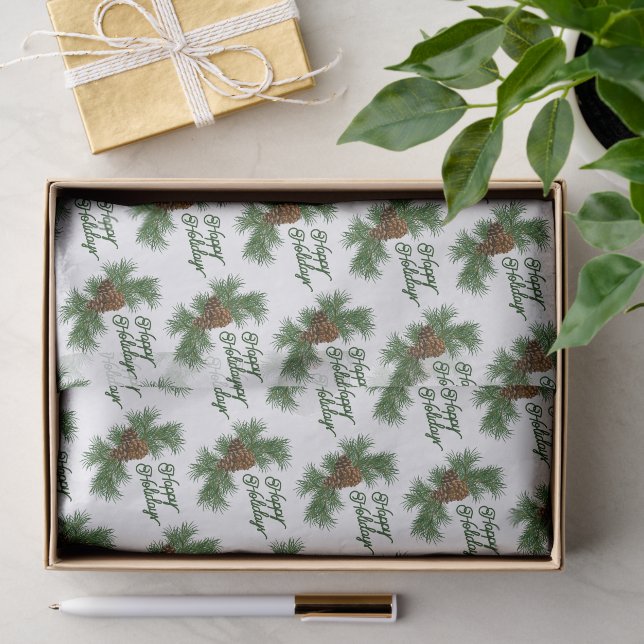 Papel De Seda Desejo de Feriados Felizes de Pinecones Sazonais C (Presente)