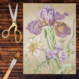Papel De Seda Desenho Botânico de Íris Antiga em Roxo e Dourado