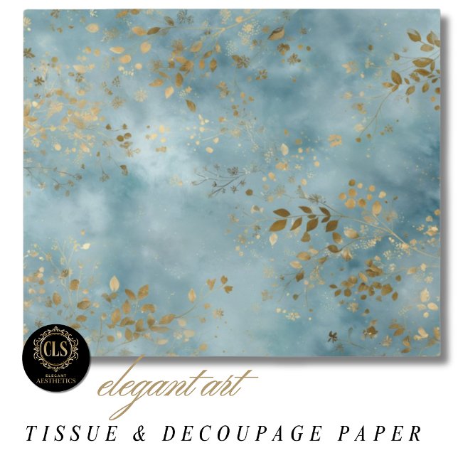 Papel De Seda Desenho Botânico em Verde Água com Folha de Ouro (Boho Botanical Teal Gold Leaf Craft Design Tissue Paper)